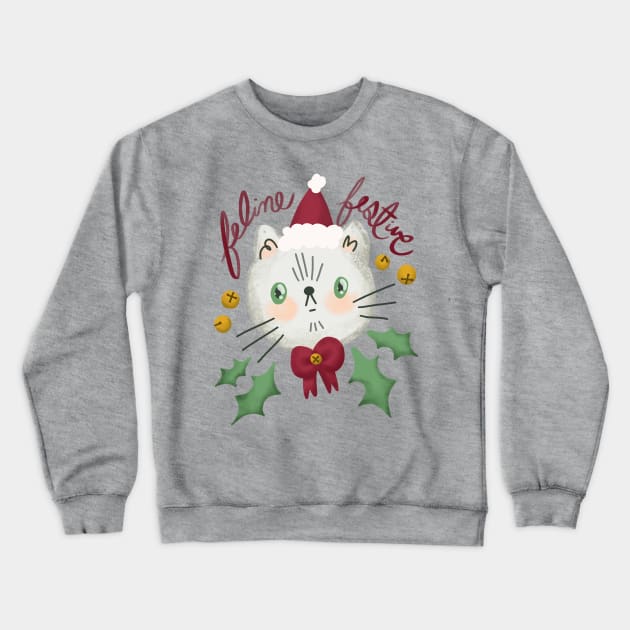 Feline Festive - Christmas cat illustration with bells and holly Crewneck Sweatshirt by KodiakMilly